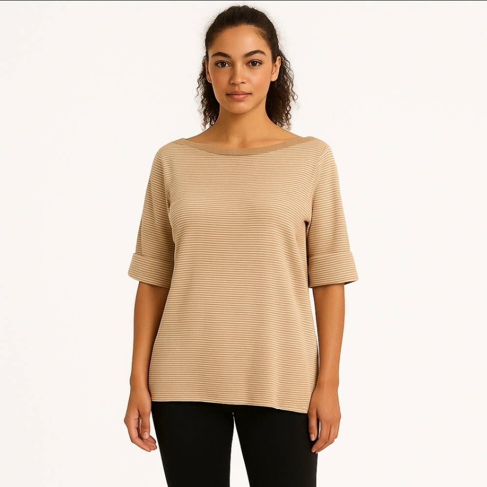 Lauren Ralph Lauren Tan Striped Plus Womens Tee Sz 3X